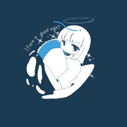 Rule 34 | 1girl, black eyes, blue background, closed mouth, colored skin, commentary, cropped torso, dot mouth, english text, halo, highres, hugging object, jitome, long bangs, long sleeves, looking at viewer, medium hair, original, pillow, pillow hug, shirt, solo, sparkle, sskitaco, white hair, white shirt, white skin