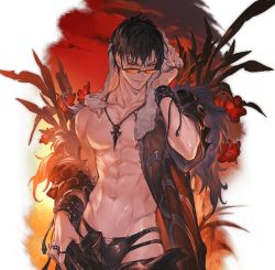 Rule 34 | 1boy, belial (granblue fantasy), belial (summer) (granblue fantasy), black hair, black male swimwear, black one-piece swimsuit, black swim briefs, contrapposto, granblue fantasy, jewelry, looking at viewer, male focus, male swimwear, minaba hideo, navel, necklace, no nipples, off-shoulder jacket, off shoulder, official alternate costume, official art, one-piece swimsuit, parted lips, red eyes, sideball, solo, sunglasses, sunset, swim briefs, swimsuit, transparent background, wet, zipper panties