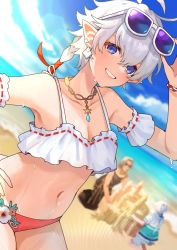 Rule 34 | 13 (spice!!), 1girl, 2boys, adjusting eyewear, alisaie leveilleur, alphinaud leveilleur, antenna hair, bare shoulders, beach, bikini, blue eyes, blurry, blurry background, braid, breasts, cleavage, cloud, collarbone, commentary, cowboy shot, day, detached sleeves, dutch angle, earclip, earrings, elezen, elf, eyewear on head, final fantasy, final fantasy xiv, frilled bikini, frills, grin, hand on eyewear, hand on own hip, highres, jewelry, lens flare, looking at viewer, low ponytail, medium hair, midriff, multiple boys, navel, necklace, ocean, outdoors, pointy ears, sand castle, sand sculpture, silver hair, single braid, single earring, sky, small breasts, smile, solo focus, standing, summer, sunglasses, swimsuit, urianger augurelt, water, wet
