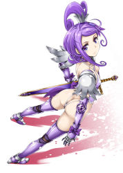 Rule 34 | 1girl, adapted costume, arched back, armor, armored boots, ass, boots, bow, breasts, butt crack, choker, closed mouth, cure sword, dokidoki! precure, dutch angle, earrings, elbow gloves, from behind, full body, gauntlets, gloves, hair ornament, hisakawa chin, holding, holding sword, holding weapon, jewelry, kenzaki makoto, leotard, looking at viewer, looking up, magical girl, ponytail, precure, purple eyes, purple hair, ribbon, shiny skin, short hair, small breasts, solo, spade hair ornament, standing, sword, weapon