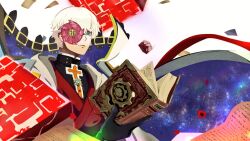 Rule 34 | 101sh965, 1boy, aqua eyes, asuka r. kreutz, black gloves, book, closed mouth, cube, eyepatch, gloves, grimoire, guilty gear, guilty gear strive, holding, holding book, long sleeves, looking at viewer, male focus, open book, short hair, upper body, white background, white hair