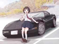 Rule 34 | 1girl, black car, blue skirt, blush, brown footwear, brown hair, car, chevrolet, chevrolet corvette, chevrolet corvette c4, collared shirt, highres, koguma (super cub), looking at viewer, maruyo, motor vehicle, mountain, necktie, open mouth, photo background, pleated skirt, red necktie, road, shirt, shoes, short hair, sitting, skirt, smile, socks, sports car, super cub, tree, v, vehicle focus, white shirt, white socks