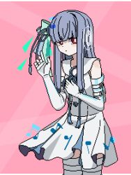 Rule 34 | ++ (9oafxjjhuktkdef), blue hair, blue ribbon, blunt bangs, bright pupils, closed mouth, collared dress, commentary, cowboy shot, dress, elbow gloves, expressionless, flower knot, gloves, green ribbon, hair ribbon, hand on own chest, hand up, holographic interface, kotonoha aoi, letterboxed, long hair, looking at viewer, low-tied sidelocks, musical note, musical note print, outside border, pink background, pixel art, red eyes, ribbon, short dress, sidelocks, sideways glance, sleeveless, sleeveless dress, square pupils, standing, synthesizer v, thighhighs, voiceroid, white dress, white gloves, white pupils, white thighhighs