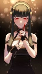 Rule 34 | 1girl, ayabu sou, black dress, black hair, blood, blood on hands, breasts, cleavage, dagger, dress, earrings, gold hairband, hairband, half-closed eyes, highres, holding, holding weapon, jewelry, knife, large breasts, looking at viewer, nail polish, pink nails, red eyes, simple background, sleeveless, sleeveless dress, solo, sparkle, spy x family, stiletto (weapon), upper body, weapon, yor briar
