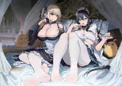 Rule 34 | &gt; &lt;, 2girls, = =, aochoku, arm garter, azur lane, bed, between breasts, black dress, black hair, black skirt, bow, bowtie, breasts, brown hair, cake, cake slice, canopy bed, cleavage, closed mouth, clothing cutout, commentary, detached collar, dress, earrings, feet, food, fork, formidable (azur lane), full body, green eyes, highres, holding, holding cake, holding food, holding fork, indomitable (azur lane), indomitable (ms. motivationless maid) (azur lane), indoors, jewelry, knees up, large breasts, legs, long hair, long sleeves, looking at another, looking at viewer, maid headdress, manjuu (azur lane), multiple girls, necktie, necktie between breasts, no shoes, on bed, open mouth, pantyhose, pillow, plate, red eyes, revealing clothes, shoulder cutout, sidelocks, sitting, skirt, symbol-only commentary, thighhighs, thighs, toes, twintails, underboob, very long hair, white pantyhose, white thighhighs, yokozuwari