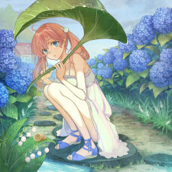 Rule 34 | 1girl, ahoge, bare shoulders, blue eyes, blue footwear, rabbit hair ornament, chieri06, chieri 06, day, dress, flower, full body, hair ornament, hairclip, house, hydrangea, leaf umbrella, legs, lily of the valley, long hair, looking at viewer, orange hair, original, outdoors, path, plant, puddle, rain, road, sandals, shoes, sky, sleeveless, sleeveless dress, snail, solo, squatting, sundress, twintails, white dress