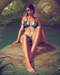 Rule 34 | 1girl, artist name, barefoot, bikini, blue bikini, breasts, critical role, day, dungeons &amp; dragons, elf, feather hair ornament, feathers, forest, hair ornament, highres, krystopher decker, lake, legs, looking at viewer, nature, navel, patreon username, pointy ears, ponytail, realistic, rock, signature, swimsuit, tan, the legend of vox machina, vex&#039;ahlia vessar, water