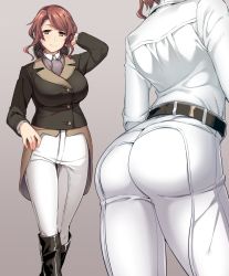 Rule 34 | 1girl, ascot, ass, belt, boots, breasts, brown eyes, brown hair, hand in own hair, jacket, large breasts, multiple views, original, pants, riding boots, riding outfit, smile, tsukinami kousuke, wavy hair, white pants