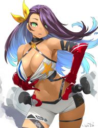 Rule 34 | 1girl, azur lane, bare shoulders, black choker, blue hair, breasts, choker, cleavage, cleavage reach, commentary request, cowboy shot, criss-cross halter, dark-skinned female, dark skin, gloves, green eyes, hair over one eye, halterneck, happa (cloverppd), large breasts, long hair, looking at viewer, multicolored hair, navel, northampton (azur lane), parted lips, purple hair, red gloves, shorts, simple background, solo, star (symbol), star print, white shorts