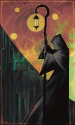 1other alivewake black_hood black_robe cane commentary from_side highres holding holding_cane hood hood_up hooded_robe lantern long_sleeves original robe solo standing tarot the_hermit_(tarot) wide_sleeves