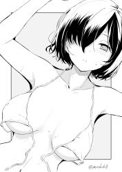 Rule 34 | 1girl, armpits, bikini, blush, breasts, closed mouth, collarbone, grey background, greyscale, hair over one eye, kichihachi, large breasts, looking at viewer, lying, monochrome, navel, on back, original, short hair, simple background, solo, sweat, swimsuit, twintails, twitter username, two-tone background, upper body, wardrobe malfunction, white background