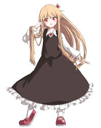 Rule 34 | 1girl, absurdres, alternate hair length, alternate hairstyle, black skirt, black vest, blonde hair, blush, collared shirt, commentary request, frilled skirt, frills, full body, highres, kabi killer, long hair, long skirt, long sleeves, mary janes, open mouth, red eyes, red footwear, red ribbon, ribbon, rumia, shirt, shoes, simple background, skirt, standing, touhou, v-shaped eyebrows, very long hair, vest, white background, white legwear, white shirt