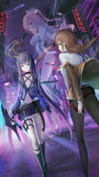 Rule 34 | 3girls, belt, black legwear, blue eyes, brown hair, building, cellphone, city, collar, commentary request, detached sleeves, fingerless gloves, flip phone, forever 7th capital, garter straps, gloves, highres, holding, holding sword, holding weapon, hologram, pantyhose under shorts, long hair, multiple girls, navel, night, pantyhose, phone, pink hair, purple eyes, purple hair, science fiction, shirt, shorts, skyscraper, smile, sword, thigh strap, thighhighs, wangchuan de quanyan, weapon, white legwear, white shirt, wind