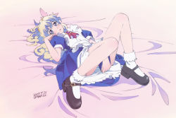 Rule 34 | + +, 00s, 1girl, 2009, andou mahoro, andou mahoro (cosplay), apron, bed sheet, blonde hair, blue dress, blue eyes, blue hair, blue skirt, blush, bridget hoffman, brooch, company connection, cosplay, covering crotch, covering privates, cross-shaped pupils, dress, frills, gainax, hair ornament, jewelry, legs, legs folded, looking at viewer, lying, mahoromatic, maid, maid apron, mary janes, matching hair/eyes, multicolored hair, nia teppelin, on back, panties, pantyshot, puffy sleeves, shiwasu takashi, shoes, signature, skirt, socks, solo, spread legs, striped clothes, striped panties, symbol-shaped pupils, tengen toppa gurren lagann, two-tone hair, underwear, voice actor connection