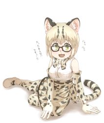 Rule 34 | 10s, animal ears, bare shoulders, blood, bow, bowtie, breast pocket, cat ears, cat tail, fang, glasses, gloves, green eyes, highres, kemono friends, margay (kemono friends), margay print, multicolored hair, nosebleed, open mouth, pocket, saliva, short hair, sitting, skirt, solo, tail, thighhighs, thin (suzuneya), translated