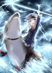 Rule 34 | 1girl, absurdres, action, anchor, arm up, backlighting, black thighhighs, blazer, blouse, blue eyes, blue jacket, blue skirt, buttons, cloud, collared shirt, dark clouds, dress shirt, emblem, fang, fish, fishback riding, full body, glowing, glowing weapon, hair ornament, hair over shoulder, hat, highres, jacket, lightning, long sleeves, looking at viewer, military hat, necktie, ocean, odinn (warship girls r), open mouth, pencil skirt, polearm, rain, red footwear, red necktie, riding, shirt, shoes, sidelocks, skirt, solo, storm, storm cloud, thighhighs, warship girls r, waves, weapon, white hair, white shirt, yan wen zi