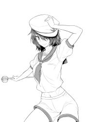 Rule 34 | 1girl, closed mouth, commentary, greyscale, hand on headwear, hat, highres, hishaku, kakone, looking at viewer, monochrome, murasa minamitsu, navel, neckerchief, sailor hat, shirt, short hair, shorts, simple background, smile, solo, touhou