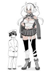 Rule 34 | 1boy, 1girl, admiral (kancolle), age difference, artist name, bare shoulders, black gloves, black hair, blush, breasts, budget sarashi, collar, commentary request, dark-skinned female, dark skin, full body, glasses, gloves, hair between eyes, hands on own hips, hat, headgear, height difference, highres, jacket, kantai collection, large breasts, little boy admiral (kancolle), long hair, long sleeves, looking at another, military, military uniform, miniskirt, musashi (kancolle), musashi kai (kancolle), open mouth, partially fingerless gloves, peaked cap, rudder footwear, sarashi, semi-rimless eyewear, shoes, short hair, short hair with long locks, simple background, skirt, smile, thighhighs, totto (naka), twintails, two side up, under-rim eyewear, uniform, white background, white hair