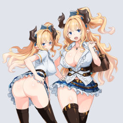 Rule 34 | 2girls, ass, bag, black legwear, blonde hair, blue eyes, blush, breasts, cleavage, frilled skirt, frills, granblue fantasy, hair ribbon, hand on own hip, horns, jewelry, large breasts, long hair, looking at viewer, looking back, multiple girls, multiple views, no panties, one side up, open mouth, panties, pendant, pointy ears, razia, ribbon, school uniform, simple background, skirt, thighhighs, underwear, white panties, zaxwu