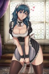 Rule 34 | 1girl, absurdres, alternate costume, apron, artist name, black thighhighs, blue eyes, blue hair, blush, breasts, byleth (female) (fire emblem), byleth (fire emblem), cleavage, dress, enmaided, evomanaphy, female focus, fire emblem, fire emblem: three houses, hair between eyes, heart, highres, large breasts, long hair, looking at viewer, maid, maid headdress, nintendo, puffy short sleeves, puffy sleeves, ribbon, short sleeves, skindentation, smile, solo, thick thighs, thighhighs, thighs, tray, watermark, window, wrist cuffs
