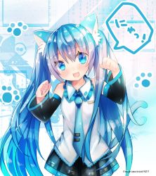 Rule 34 | 1girl, :3, animal ears, blue eyes, blue hair, blush, cat ears, cat tail, detached sleeves, hatsune miku, head tilt, highres, kohaku muro, long hair, looking at viewer, necktie, open mouth, paw pose, skirt, solo, tail, thighhighs, twintails, twitter username, very long hair, vocaloid