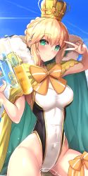 Rule 34 | 1girl, ahoge, artoria pendragon (all), artoria pendragon (fate), artoria pendragon (swimsuit archer) (third ascension) (fate), bikini, blonde hair, blush, bow, braid, breasts, cape, closed mouth, commentary request, competition swimsuit, covered navel, cowboy shot, crown, crown braid, day, fate/grand order, fate (series), fur-trimmed cape, fur trim, green eyes, highres, holding, holding water gun, leg ribbon, looking at viewer, medium breasts, one-piece swimsuit, orange bow, orange ribbon, ribbon, saber (fate), smile, solo, swimsuit, taut clothes, taut swimsuit, thigh ribbon, thighs, untue, v, v over eye, water gun, yellow cape