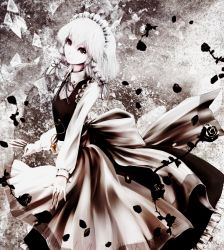 Rule 34 | 1girl, apron, bad id, bad pixiv id, between fingers, black flower, black rose, blood, blood on hands, braid, expressionless, flower, frilled skirt, frills, fuonon, hair ribbon, head tilt, highres, holding, izayoi sakuya, knife, long sleeves, looking at viewer, maid headdress, md5 mismatch, multicolored background, petals, pocket watch, red eyes, ribbon, roman numeral, rose, shards, short hair, silver hair, skirt, solo, touhou, tress ribbon, twin braids, waist apron, watch