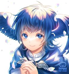 Rule 34 | 1girl, artist logo, artist name, blue capelet, blue eyes, blue gemstone, blue hair, brooch, capelet, colored eyelashes, feathered wings, final fantasy, final fantasy xiv, gem, head wings, hobak, jewelry, looking at viewer, meteion, own hands clasped, own hands together, petals, pixiv id, portrait, short hair, simple background, smile, solo, twitter username, white background, wings
