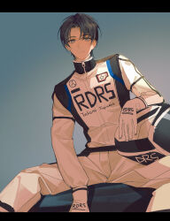 Rule 34 | 1boy, aged up, alternate universe, black hair, blue eyes, character name, chinese commentary, commentary request, formula one, frown, fujiwara takumi, gloves, helmet, highres, initial d, jumpsuit, letterboxed, looking at viewer, male focus, parted hair, racing suit, solo, star (symbol), sui liang sui yui, unworn headwear, unworn helmet, white gloves, white helmet, white jumpsuit