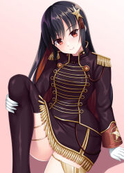 Rule 34 | 1girl, absurdres, black hair, black thighhighs, colored inner hair, epaulettes, gloves, hair ornament, highres, long hair, looking at viewer, military uniform, multicolored hair, pink background, red eyes, red hair, ruin re birth, shichiyou mitsuru, simple background, solo, star (symbol), star hair ornament, station memories, thighhighs, uniform, white gloves