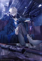 Rule 34 | 1girl, ahoge, artoria pendragon (all), artoria pendragon (alter swimsuit rider) (third ascension) (fate), artoria pendragon (fate), black gloves, blonde hair, blue coat, blue dress, blurry, blurry foreground, boots, braid, breasts, choker, closed mouth, cloud, coat, coffee table, collarbone, corruption, couch, crossed legs, crown braid, dark persona, dress, elbow rest, excalibur morgan (fate), expressionless, fate/stay night, fate (series), feet on table, gloves, gun, hair ribbon, hand on sword, handgun, head on hand, high heel boots, high heels, highres, indoors, lace, lace-trimmed dress, lace choker, lace trim, long coat, long hair, looking at viewer, medium breasts, navel, night, reluvy, ribbon, rifle, ruins, saber alter, sidelocks, sitting, sniper rifle, solo, sword, table, thigh strap, tiara, tsurime, twitter username, weapon, yellow eyes