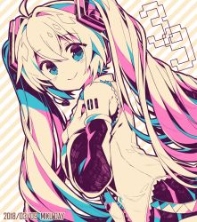 Rule 34 | 1girl, 39, 2018, blue eyes, blush, closed mouth, dated, detached sleeves, hatsune miku, headset, highres, kurisu sai, long hair, looking at viewer, mikupa, monochrome, smile, solo, striped, striped background, twintails, vocaloid