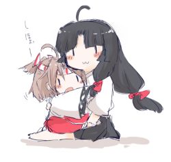 Rule 34 | 10s, 2girls, :3, ahoge, barefoot, black hair, black skirt, bow, brown hair, hachimaki, hair bow, headband, high ponytail, kantai collection, kenoka, long hair, long sleeves, lowres, multiple girls, open mouth, pleated skirt, red bow, shouhou (kancolle), skirt, aged down, zuihou (kancolle), | |