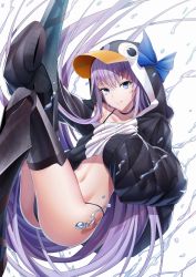 Rule 34 | 1girl, :q, animal hood, arm up, bikini, bikini under clothes, black bikini, black choker, black jacket, blue bow, blue eyes, bow, choker, closed mouth, collarbone, commentary request, fate/grand order, fate (series), hair between eyes, hood, hood up, hooded jacket, jacket, knees up, long hair, long sleeves, looking at viewer, md5 mismatch, meltryllis, meltryllis (fate), meltryllis (swimsuit lancer) (fate), meltryllis (swimsuit lancer) (first ascension) (fate), navel, penguin hood, puffy long sleeves, puffy sleeves, purple hair, resolution mismatch, simple background, sleeves past fingers, sleeves past wrists, smile, solo, source larger, swimsuit, tongue, tongue out, very long hair, water, white background, xo (xo17800108)
