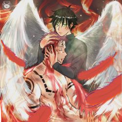 Rule 34 | 2boys, abs, angel wings, black hair, black jacket, bleeding, blood, blood on face, catquarium, chest tattoo, closed eyes, closed mouth, couple, facial tattoo, feathers, fire, fushiguro megumi, green eyes, hands on another&#039;s head, highres, injury, jacket, jujutsu kaisen, long sleeves, male focus, multiple boys, muscular, muscular male, pectorals, pink hair, ryoumen sukuna (jujutsu kaisen), shoulder tattoo, tattoo, unconscious, wings, yaoi