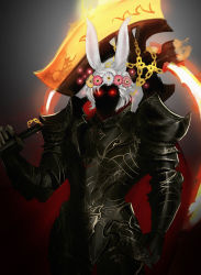 Rule 34 | 1boy, animal ears, arm at side, armor, warrior of light (ff14), axe, bad id, bad twitter id, breastplate, chain, commentary, cowboy shot, english commentary, final fantasy, final fantasy xiv, flower, flower wreath, gauntlets, glowing, glowing eyes, glowing weapon, hand up, head wreath, highres, holding, holding weapon, kyou (ningiou), male focus, medium hair, over shoulder, rabbit ears, red eyes, shaded face, shoulder armor, solo, viera, warrior (final fantasy), weapon, weapon over shoulder, white hair