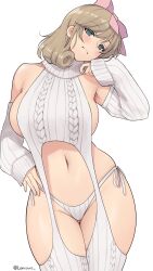 1girl absurdres aran_legwear bow breasts brown_hair closed_mouth cropped_sweater curly_hair detached_sleeves garter_straps green_eyes hair_bow hand_on_own_hip haruka_(senran_kagura) head_tilt highres large_breasts lemonrou looking_at_viewer medium_hair meme_attire navel panties pink_bow ribbed_panties ribbed_sleeves ribbed_sweater ribbed_thighhighs senran_kagura side-tie_panties sideboob simple_background skindentation sleeveless sleeveless_sweater sleeveless_turtleneck solo sweater thighhighs turtleneck turtleneck_sweater twitter_username underwear virgin_destroyer_sweater white_background white_garter_straps white_panties white_sweater white_thighhighs