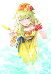 Rule 34 | 1girl, adjusting hair, arm wrap, bow, breasts, collarbone, feet out of frame, flower, flower bracelet, food, from above, fruit, green hair, hair flaps, hair flower, hair ornament, hairband, hands up, hibiscus, highres, kusanagi nene, lemon, lemon slice, long hair, looking at viewer, looking up, midriff, minori (faddy), off shoulder, popsicle, project sekai, purple eyes, red flower, short sleeves, skirt, skirt set, solo, striped, striped bow, tassel, tongue, tongue out, wading, water, wet, wet hair, white background, yellow skirt, zettai zetsumei!? island panic! (project sekai)