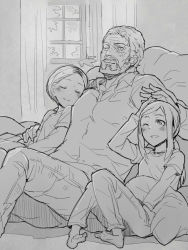 Rule 34 | 1boy, 2girls, animification, bad id, bad pixiv id, barefoot, beard, blush, closed eyes, ellie (the last of us), facial hair, father and daughter, good end, greyscale, joel (the last of us), kuma jet, long hair, manly, monochrome, multiple girls, one eye closed, pillow, ponytail, sarah (the last of us), short hair, sitting, smile, the last of us, the last of us (series), time paradox, window, wink