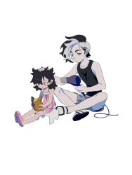 Rule 34 | 1boy, 1girl, aged down, bare arms, black footwear, black hair, black shirt, brother and sister, closed mouth, collarbone, creatures (company), drying, drying hair, game freak, gen 8 pokemon, grey shorts, hair dryer, highres, holding, holding hair dryer, marnie (pokemon), molymes, morpeko, morpeko (full), multicolored hair, nintendo, piers (pokemon), pink footwear, pokemon, pokemon swsh, sandals, shirt, shorts, siblings, sitting, slippers, two-tone hair, white background