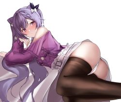 Rule 34 | 1girl, alternate costume, ass, bare shoulders, belt, black thighhighs, blush, bow, braid, breasts, casual, closed mouth, cone hair bun, genshin impact, hair between eyes, hair bow, hair bun, hair ornament, hair ribbon, highres, keqing (genshin impact), keqing (lantern rite) (genshin impact), legs together, long hair, long sleeves, looking at viewer, lying, off-shoulder shirt, off shoulder, on side, panties, pengrani, purple eyes, purple hair, purple shirt, ribbon, shirt, shirt tucked in, simple background, skirt, solo, thighhighs, thighs, twintails, underwear, white background, white panties, white skirt