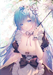 Rule 34 | 1girl, ahoge, alice (mcaredor), alternate costume, black ribbon, blue eyes, blue hair, breasts, chinese commentary, choker, cleavage, collarbone, commentary request, duster, feather duster, flower, hair ornament, hair ribbon, hand up, head tilt, highres, large breasts, long hair, looking at viewer, petals, puffy short sleeves, puffy sleeves, re:zero kara hajimeru isekai seikatsu, rem (re:zero), revision, ribbon, short sleeves, solo, wrist cuffs, x hair ornament