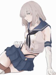 Rule 34 | 1boy, black neckerchief, black panties, blonde hair, blue capelet, blue eyes, blue sailor collar, blue skirt, capelet, commentary request, cosplay, crop top, crossdressing, elbow gloves, fate/grand order, fate (series), gloves, half-closed eyes, hand on own hip, highleg, highleg panties, highres, kantai collection, looking to the side, male focus, midriff, navel, neckerchief, oberon (fate), original, panties, pectoral cleavage, pectorals, pleated skirt, red stripes, red thighhighs, sailor collar, sausu hitori, shimakaze-kun, shimakaze (kancolle), shimakaze (kancolle) (cosplay), simple background, sitting, skirt, solo, striped clothes, striped thighhighs, sweatdrop, teeth, thighhighs, thong, trap, underwear, white gloves, white stripes, white thighhighs, yellow stripe