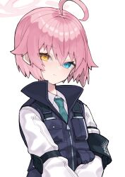 Rule 34 | 1girl, absurdres, ahoge, armband, black vest, blue archive, blue eyes, blue necktie, closed mouth, collared shirt, halo, heterochromia, highres, hoshino (blue archive), hoshino (young) (blue archive), long sleeves, necktie, pink hair, puffy long sleeves, puffy sleeves, scarlet23i0, shirt, short hair, simple background, solo, upper body, vest, white background, white shirt, yellow eyes