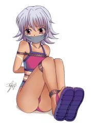 Rule 34 | .hack//, .hack//tasogare no udewa densetsu, 00s, 1girl, arms behind back, bandai, bdsm, bondage, bound, child, cloth gag, cyber connect 2, facing viewer, flat chest, full body, gag, gagged, improvised gag, knees up, kunisaki rena, legs together, looking at viewer, over the mouth gag, rope, sandals, silver hair, simple background, solo, swimsuit, white background