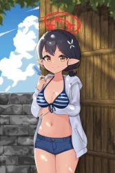 Rule 34 | absurdres, ayane (blue archive), ayane (swimsuit) (blue archive), bikini, black hair, blue archive, blush, breasts, cleavage, denim, denim shorts, flower, food, glasses, hair flower, hair ornament, halo, highres, hrna, jacket, large breasts, long sleeves, looking at viewer, navel, outdoors, pointy ears, popsicle, red-framed eyewear, short hair, short shorts, shorts, sky, smile, striped bikini, striped clothes, swimsuit, yellow eyes