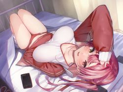 Rule 34 | 1girl, arm up, bed, bed sheet, blush, breasts, breasts apart, buruma, cellphone, heterochromia, highres, hololive, houshou marine, jacket, knees up, koubou (cowbow kun), large breasts, long hair, long sleeves, looking at viewer, lying, on back, on bed, open clothes, open jacket, open mouth, phone, red buruma, red eyes, red hair, red jacket, shirt, sleeves past wrists, smartphone, smile, socks, solo, twintails, virtual youtuber, white shirt, white socks, yellow eyes