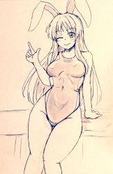 Rule 34 | 1girl, animal ears, breasts, closed mouth, collarbone, commentary request, competition swimsuit, covered navel, cowboy shot, d-m (dii emu), eyelashes, finger gun, greyscale, long hair, looking at viewer, medium breasts, monochrome, one-piece swimsuit, one eye closed, open mouth, rabbit ears, reisen udongein inaba, smile, swimsuit, thick thighs, thighs, touhou, traditional media, very long hair, wide hips