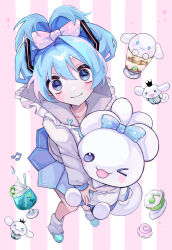Rule 34 | 1girl, absurdres, animal, aqua bow, aqua footwear, aqua hair, black crown (object), blue eyes, blue shorts, blue skirt, bow, cinnamiku, cinnamoroll, closed mouth, commentary, cosplay, cup, drinking straw, food, frilled sailor collar, frills, from above, fruit, grey sailor collar, grey shirt, hair between eyes, hair bow, hair ornament, hatsune miku, hatsune miku (cosplay), heart, highres, holding, holding animal, kiwi (fruit), kiwi slice, leg warmers, long sleeves, looking at viewer, multicolored hair, musical note, pink background, pink bow, pink hair, polka dot, polka dot bow, sailor collar, sanrio, shirt, shizumu (shi zumu), shorts, skirt, smile, solo, spring onion, streaked hair, striped background, updo, vocaloid, whipped cream, white background, white leg warmers