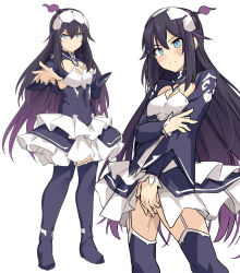 Rule 34 | 1girl, aqua eyes, black dress, black hair, black thighhighs, breasts, cleavage, commentary request, covering privates, covering crotch, dress, garter straps, hair between eyes, hair ornament, infinite dendrogram, long hair, looking at viewer, maid, medium breasts, multiple views, nemesis (infinite dendrogram), no panties, shiseki hirame, simple background, smile, thighhighs, white background